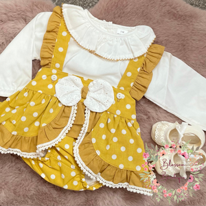 Mustard Polka Dot Frilly Pinafore Dolly Dress