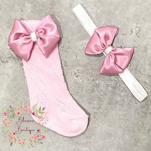 Dusky Pink Bow Knee Socks and Headband Set