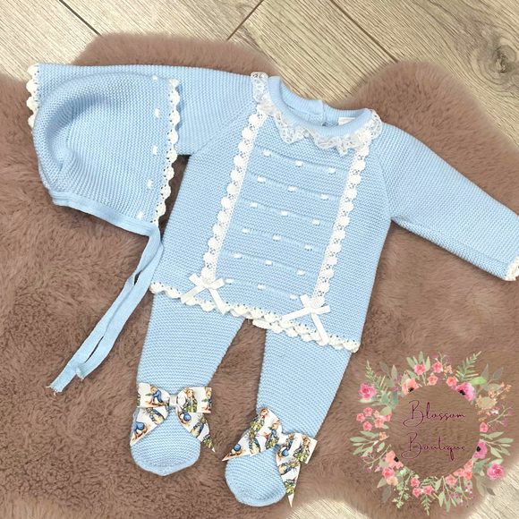 Baby Blue and White Lace Knitted Peter Rabbit Set